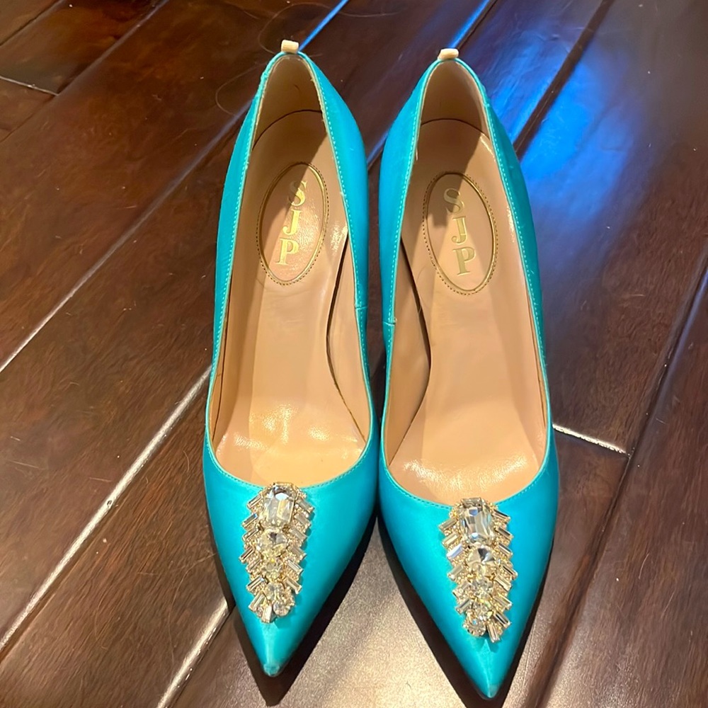 SJP Tiffany blue with rhinestone pumps